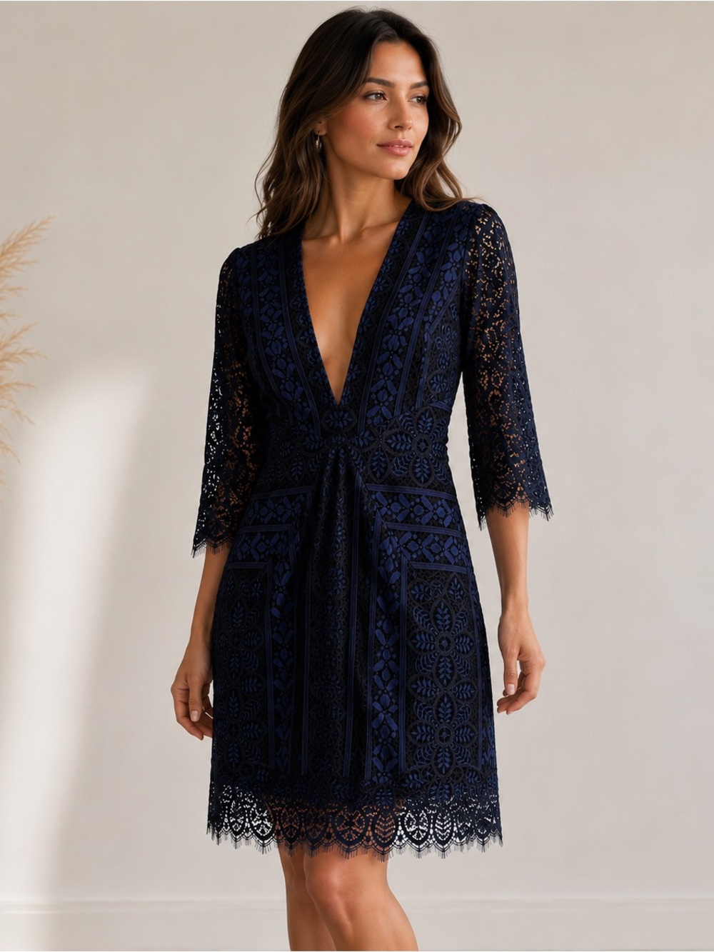 For Love & Lemons Size M Navy Blue Black Floral Lace A-Line Mini Dress Deep V